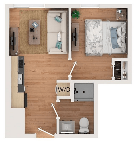 A top-down view of a small apartment with a living room, kitchen, and bathroom.